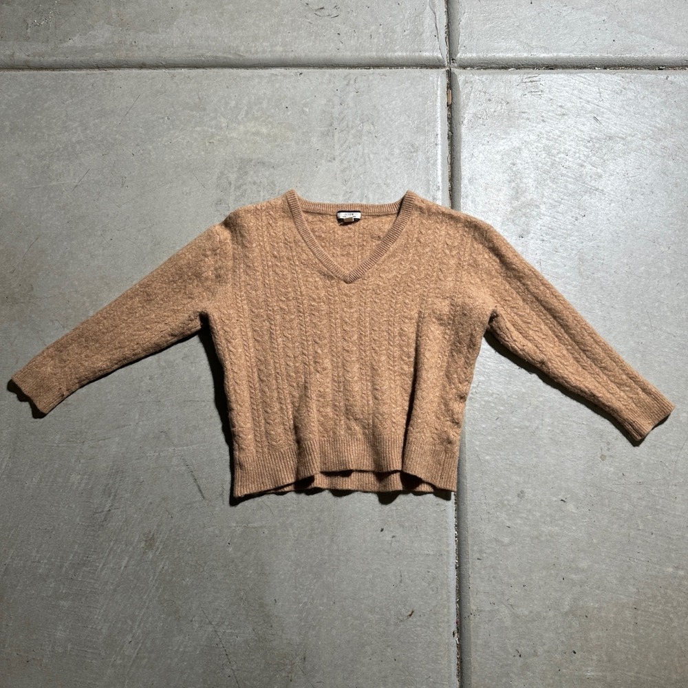J.Crew‎ 100% Cashmere Cable Knit V-Neck Sweater Womens Small Tan Camel Brown